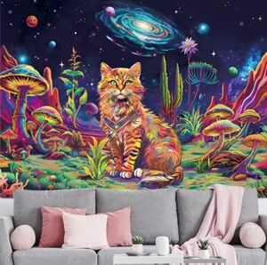 XL Colorful Space Kitty Mushroom Galaxy Blacklight Wall Tapestry Black Light Cat